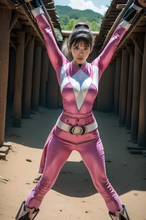 pink theme，pink ranger suit、curvy, big breats,  full body, tied on saint andrew's cross in x position