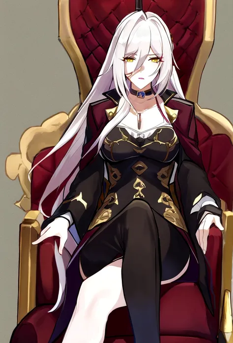 Best quality，masterpiece，a high resolution，Adult female, 1girl, Mafia member, sitting on throne, legs crossed, visible breasts apart, visible collarbone, holding cane, visible cane, lipstick, white hair, long hair, straight hair, yellow eyes, black coat, l...