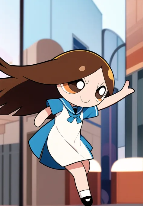 brown long hair, smile, chibi, full body,1girl, brown eyes, white blue dress, school background