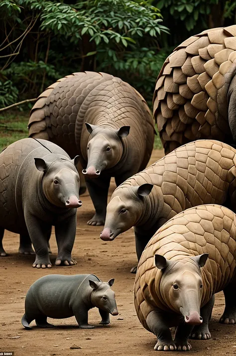 make a picture of a pangolin and a dugong in the middle and a tapir on the side



