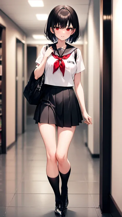 1 girl, short black hair, red eyes, wearing , school hallway, absurdres, high res, ultrasharp, 8K, masterpiece, walk, looking at viewer, with a haughty expression, while holding hair, BREAK black skirt, kiyosumi , pleated skirt, serafuku, skirt