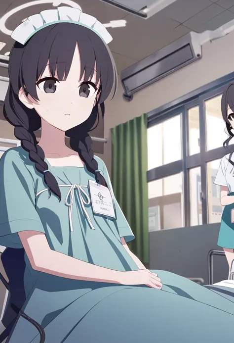 (One ,Black Hair,Braided twin tail hairstyle,Black eyes,Medium Chest)Patient gown,Hospital bed