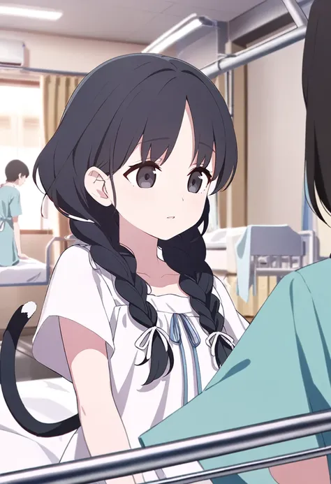 (One ,Black Hair,Braided twin tail hairstyle,Black eyes,Medium Chest)Patient gown,Hospital bed