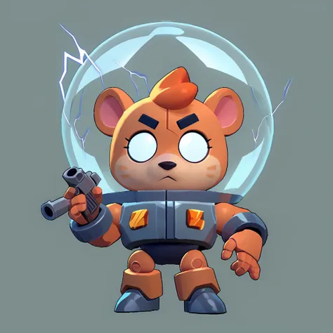 an little orange hamster, with white eyes, in a transparent sphere inside the head of a robot, robot with arms and legs, fluorescent red and white, lightning pattern, with a gun instead of the left hand
