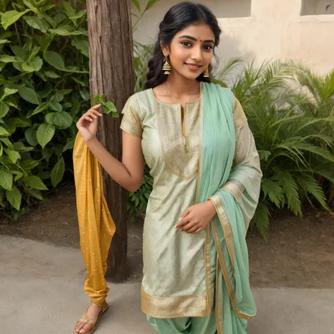 A simple, cute Indian girl wearing a traditional salwar suit. She has a warm smile and a gentle demeanor, exuding a natural charm. Her salwar suit is adorned with subtle, elegant patterns, reflecting her modest yet graceful style. The vibrant colors of her...