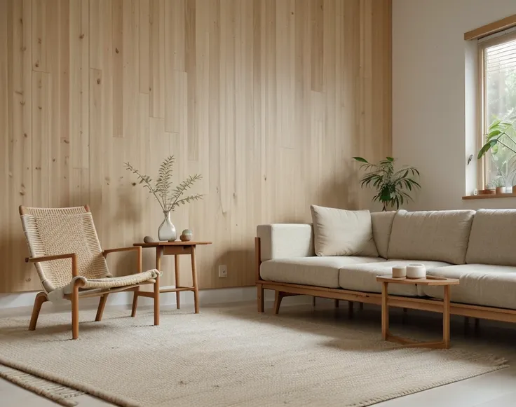 Minimalist Muji-style living room, neutral color palette, natural materials, soft lighting, low-profile white couch, wooden chair, natural wood coffee table, indoor plants, minimalist wall art, woven rug, natural light, tranquility, functionality, harmonio...