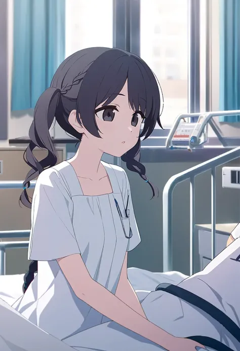 (One ,Black Hair,Her hairstyle is a braided twin tail.,Black eyes,Medium Chest)Patient gown,Hospital bed