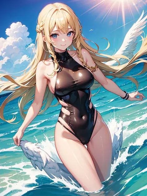 High Cut Rubber Suit、Swimsuit、Angel wings grow from the back、Bare thighs、Arms and legs are bare、girl、Large Breasts、smile、Blonde braids、Chubby
