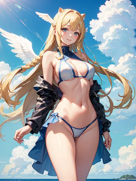 High Cut Rubber Suit、Swimsuit、Angel wings grow from the back、Bare thighs、Arms and legs are bare、girl、Large Breasts、smile、Blonde braids、Chubby
