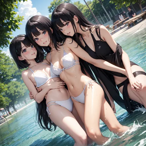 ｈigh resolution。High resolution、Low - Angle、masterpiece、Beautiful black-haired girls、cute、white micro bikinis、Girls huddling together、A girl with long hair and a girl with short hair、Dark Eyes、Bright smile、White teeth、Black shiny hair、color々Pause、Wet black...