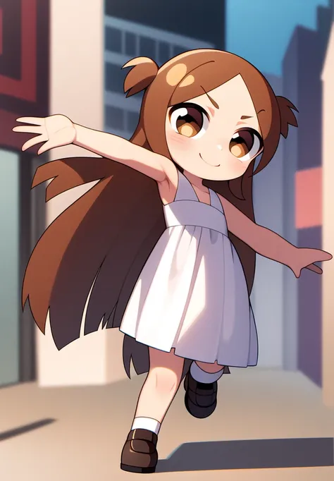 brown long hair, smile, chibi, full body,1girl, brown eyes, white blue dress, school background