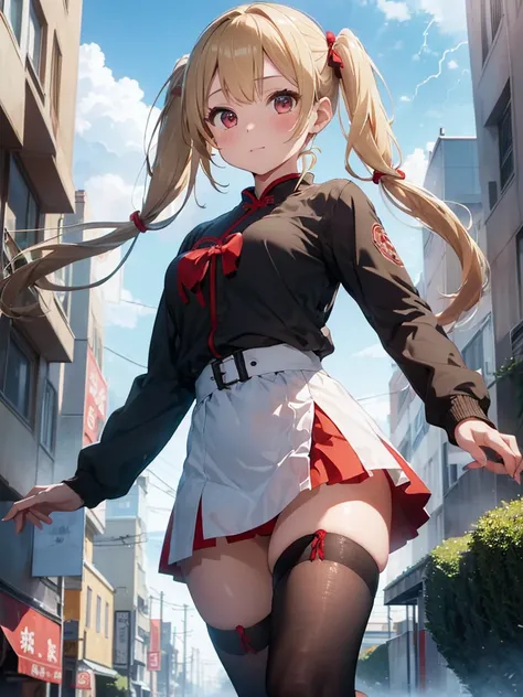 8k, Delicate image quality, best quality, (((blond twintails))), Red qipao, panty hose, 16 year  old Beautiful girl, masterpiece, best quality, ultra detailed, Photo taken from below, outdoors, storm, lightning, leg spread,