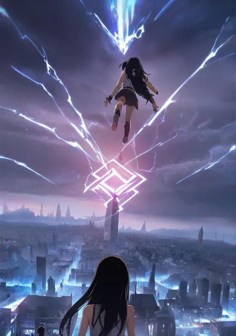 breathtaking graphics, angle from the ground, shooting epic shots: a huge magic rune hovering over the city, breathtaking landsc...