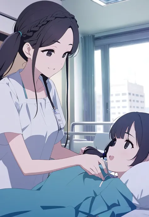 (One ,Black Hair,Her hairstyle is braided twin tails.,Black eyes,Medium Chest,smile)Patient gown,Hospital bed