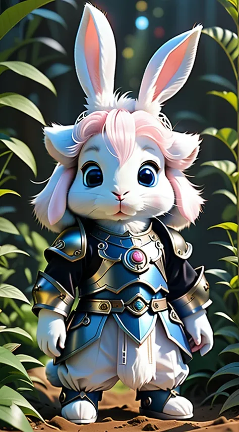 (best quality, surreal:1.2), blue eyes, stunning graphics, 3d version playstation 5, wearing armor, there is a white rabbit that...