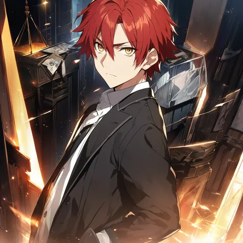 Make Me An Anime Artwork, Criminal Case Anime Art, Tall man with a thin and triangular face. He has golden eyes and short red hair., He&#39;s Dead Lying on the Floor in a Pool of Blood.