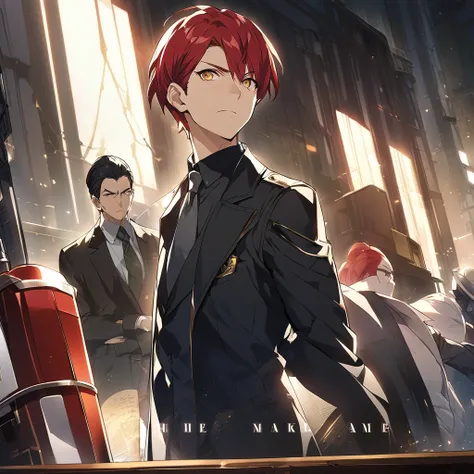 Make Me An Anime Artwork, Criminal Case Anime Art, Tall man with a thin and triangular face. He has golden eyes and short red hair., He&#39;s Dead Lying on the Floor in a Pool of Blood.