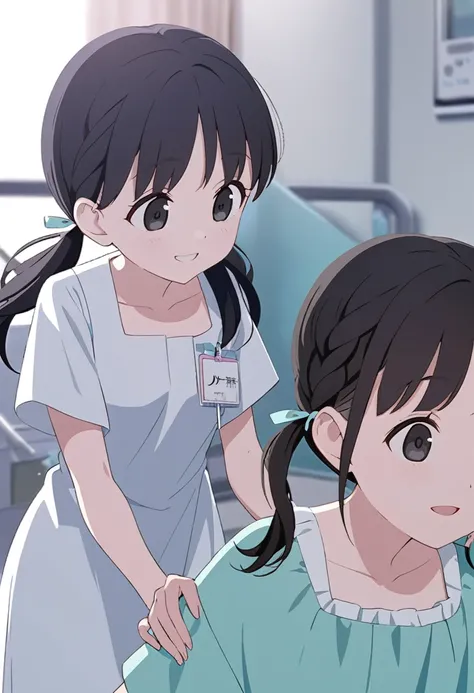 (One ,Black Hair,Her hairstyle is braided twin tails.,Black eyes,Medium Chest,smile)Patient gown,A girl in the hospital