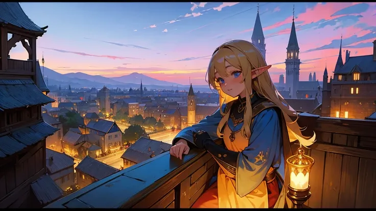 Anime Style,Nostalgic,Detailed background,The medieval world,A lively bar with lots of people,Beautiful sky,Beautiful Elf with a Bard&#39;s Smile,guitar,Large Breasts,Healthy thighs