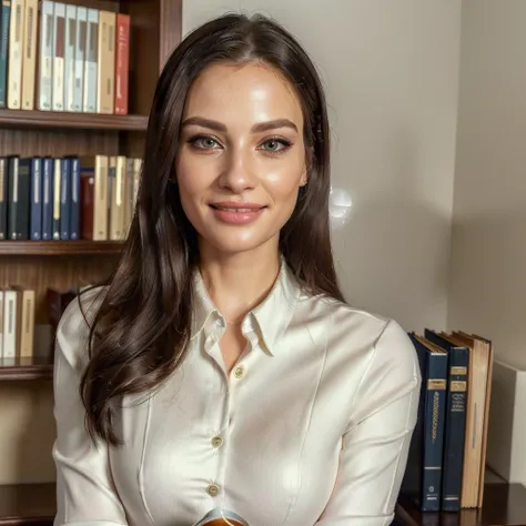 a professional woman in her mid 30s, beautiful detailed eyes, beautiful detailed lips, extremely detailed face, longeyelashes, wearing a professional business attire, holding a cup of coffee, smiling, bookshelf in the background, (best quality,4k,8k,highre...