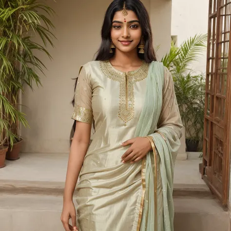 A simple, beautiful Indian women wearing a traditional salwar suit. She has a warm smile and a gentle demeanor, exuding a natural charm. Her salwar suit is adorned with subtle, elegant patterns, reflecting her modest yet graceful style and Overall body det...