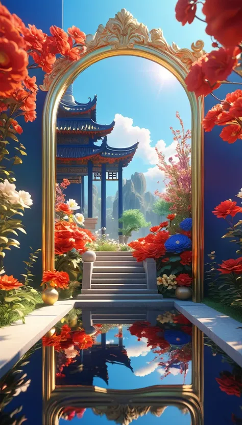 Flowers grow out of a large mirror，镜子中是以粉red云彩为主的天空，There are flowers and plants all around，Rendered in Cinema4D style and clay sculpture style，classical，Spring Garden，red，blue，gold，Dreamlike scenes，Blooming colors in bright sunlight，Virtual Reality，Fantas...