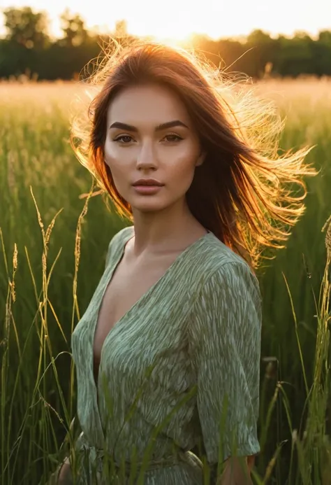 a woman standing in a field of tall grass with the sun setting, gorgeous woman, cinematic beautiful natural skin, attractive wom...