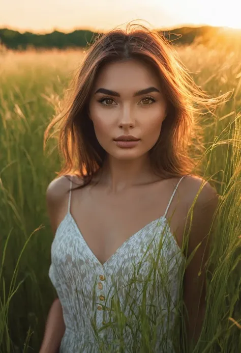 a woman standing in a field of tall grass with the sun setting, gorgeous woman, cinematic beautiful natural skin, attractive wom...