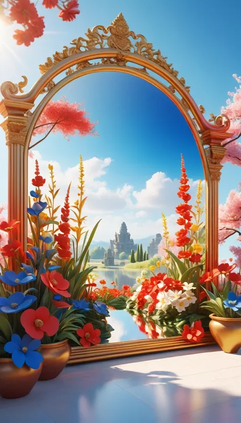 Flowers grow out of a large mirror，镜子中是以粉red云彩为主的天空，There are flowers and plants all around，Rendered in Cinema4D style and clay sculpture style，classical，Spring Garden，red，blue，gold，Dreamlike scenes，Blooming colors in bright sunlight，Virtual Reality，Fantas...