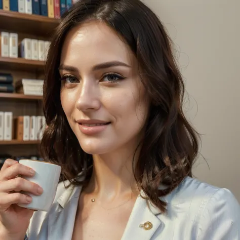 a professional woman in her mid 30s, beautiful detailed eyes, beautiful detailed lips, extremely detailed face, longeyelashes, wearing a professional business attire, smiling, holding a cup of coffee, bookshelf in the background, (best quality,4k,8k,highre...