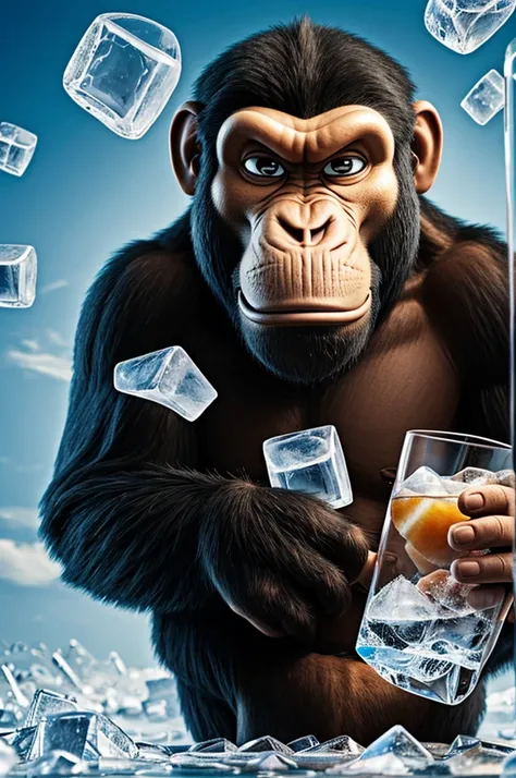 A cartoon ape with many ice cubes
