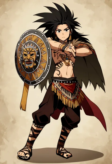 1 boy, joung boy, 15 years old, all lefth arm aztec tatto, bare soulders, full body, black nails, black eyes, black hair, aztec weapon, long hair, looking at viewe,r male focus, tattoo, aztec shield, aztec, tribal warrior, armor, dark-skinned, aztec mask, ...