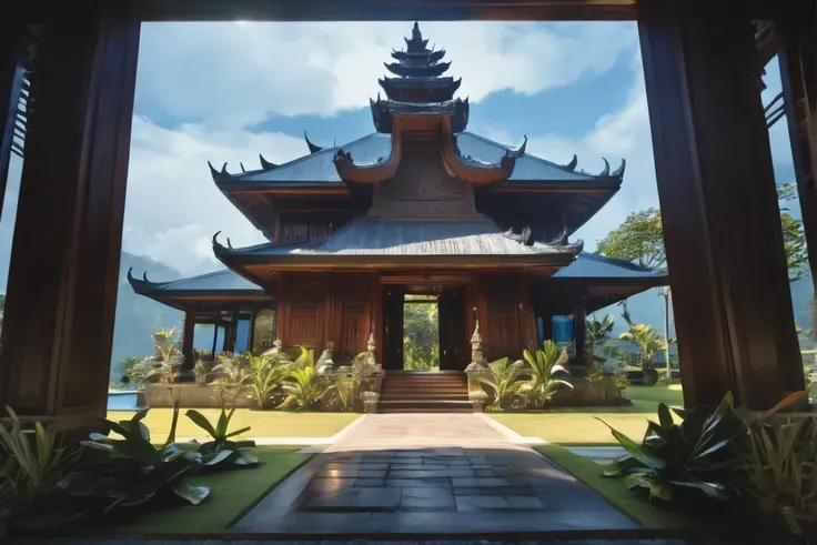 A stunning balinese door, intricately carved from rich, dark wood, beckons you into a softly lit the dark room filled with blue and mystery ambient light. 