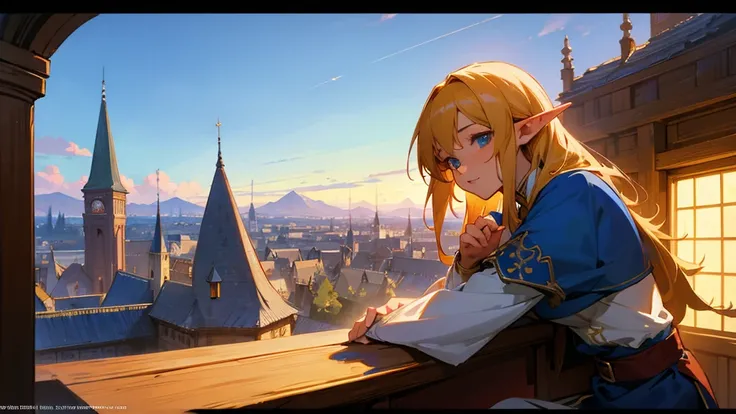 Anime Style,Nostalgic,Detailed background,The medieval world,A lively bar with lots of people,Beautiful sky,Beautiful Elf with a Bard&#39;s Smile,guitar,Large Breasts,Healthy thighs