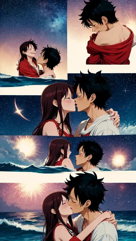 Luffy and Robin from the anime "One Piece", embracing each other while passionately kissing each other, on a starry night in the seas. absurdres, high res, ultra sharp, 8k masterpiece.
