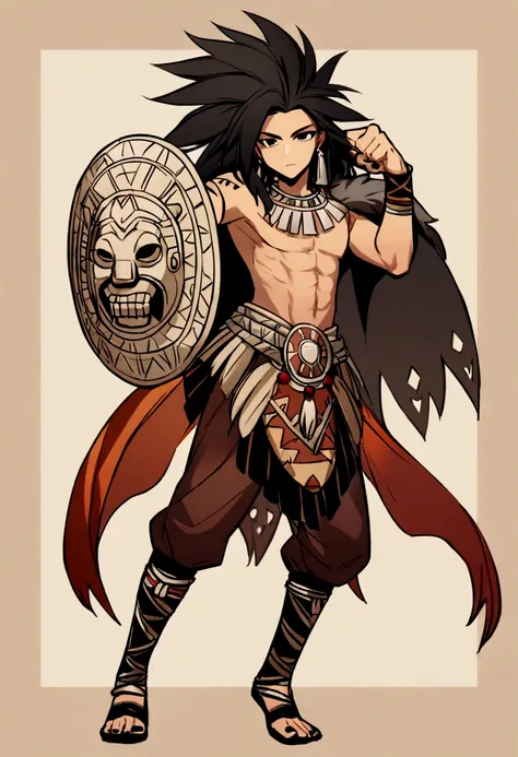 1 boy, joung boy, 15 years old, all lefth arm aztec tatto, bare soulders, full body, black nails, black eyes, black hair, aztec weapon, long hair, looking at viewe,r male focus, tattoo, aztec shield, aztec, tribal warrior, armor, dark-skinned, aztec mask, ...