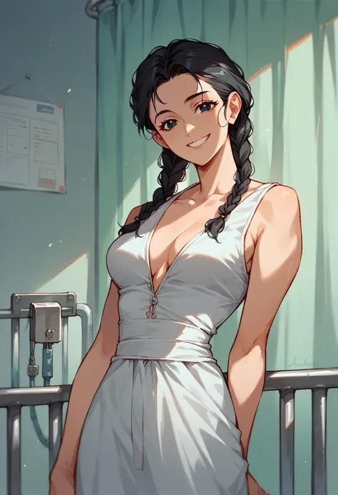 (One ,Black Hair,Hairstyle: braids,Black eyes,Medium Chest,smile)Patient gown,A girl in the hospital