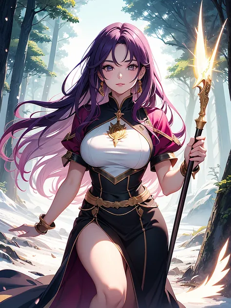 anime style image

 ---

 **Character Description:**

 **Name:** Deiseane Sartundei

 **Title:** Goddess of the Forest and Creation

 **Appearance:**
 - **Average height
 - **Hair:** Long, straight and wavy to the knee, purple in color with shades of pink....