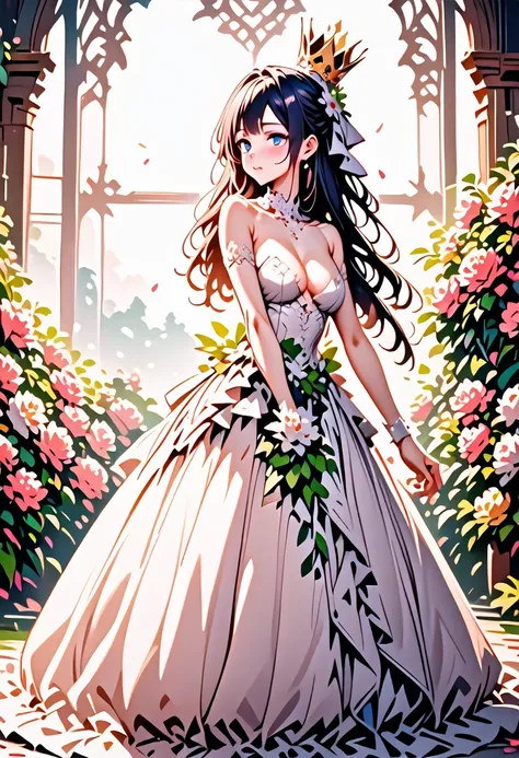 Beautiful bride in white wedding dress with flowers and crown elegance and fantasy AI generated