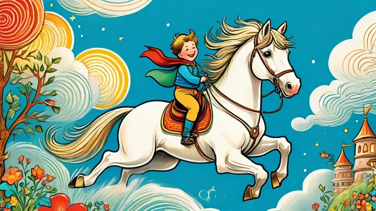 ((Close-up, large center image of a boy messenger riding a running horse))、looks happy,An illustration,pop,colorfulに,draw with thick lines,color,、Happy dreams,Warm and full of happiness,,colorful,Fancy,Fantasy,,Detailed explanation,fluffy,Randolph Caldecot...