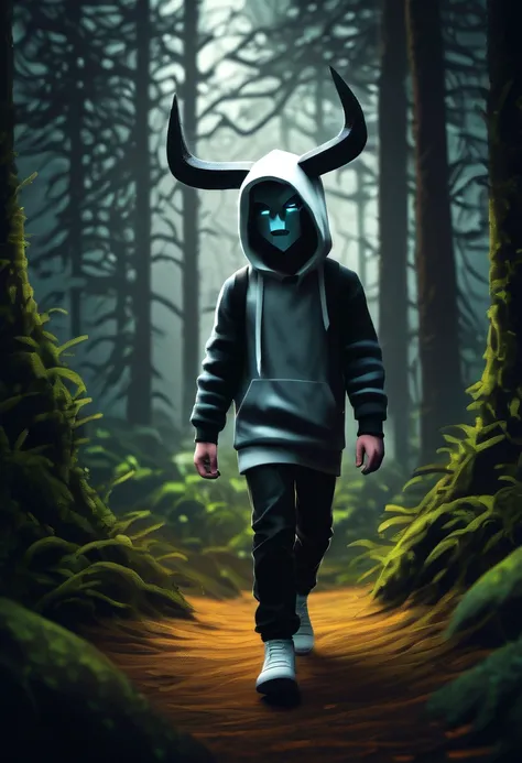 minecraft character, DanTDM skin, walking through a forest, midnight Boy, white, with gray hair, wearing a white hoodie and black demon horns,