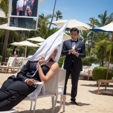 Posh lounch of an upmarket beachclub with a big movie screen and a man in tuxedo and a woman in evening dress dancing