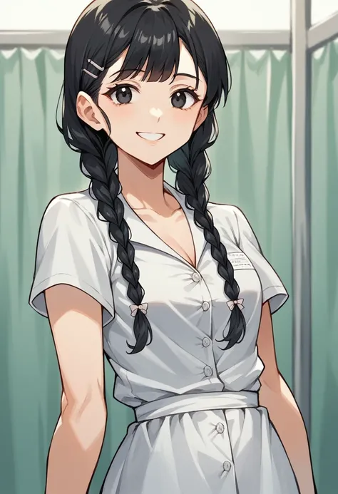 (one small elementary school student,Black Hair,Hairstyle: braids,Black eyes,Medium Chest,smile)Patient gown,A girl in the hospital