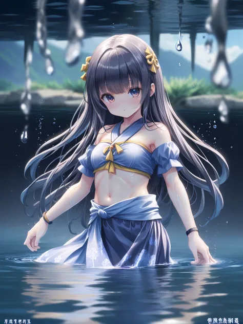 partially underwater, lakeの女神, long hair, wet hair,
lake,dark background, blurred edges,8-year-old、flat chest、skirt、above the ne...