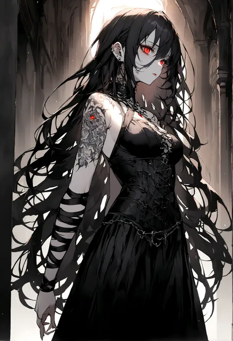 (A girl), (Black Hair), (Red Eyes), (Tattoo), (Fair skin), (Long hair) ，(Gothic dark style) ，bandage