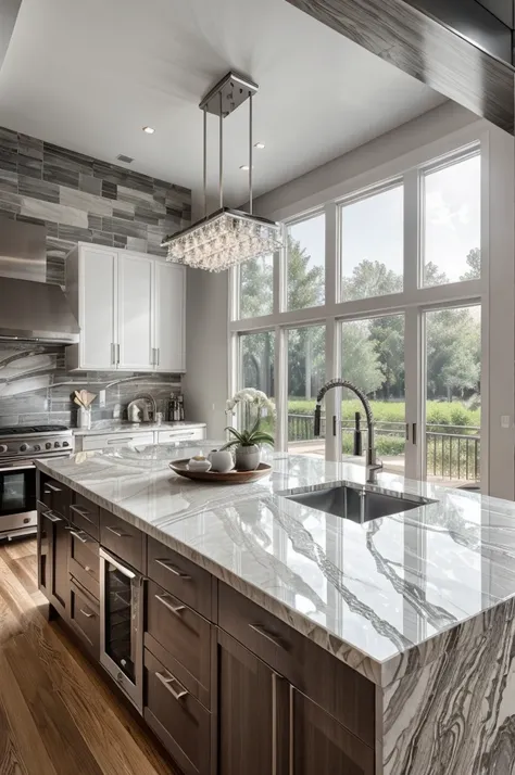 Ultra-realistic photograph of a luxurious modern kitchen. Stunning granite countertops with intricate veining in shades of gray and white. Large center island with waterfall edges. Stainless steel appliances, pendant lighting, and hardwood floors. Natural ...