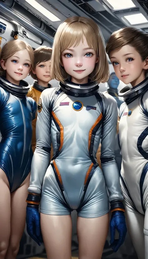 Realistic,best Realistic quality:1.1),(photo shoot:1.1),(High resolution), (Highly detailed and Realistic face),Half Body,(Realistic human skin),(everyone),(White skin of a 15 year old,Light brown short bob, wear a sexy, Skin-tight astronaut suits,) A room...