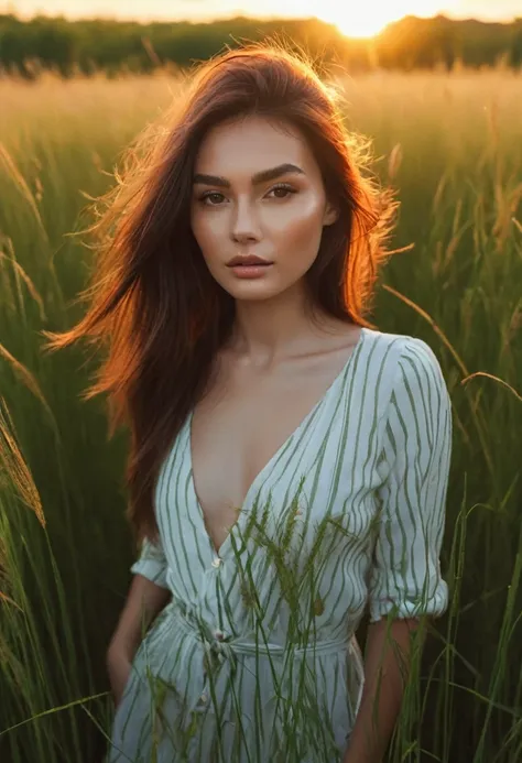 a woman standing in a field of tall grass with the sun setting, gorgeous woman, cinematic beautiful natural skin, attractive wom...