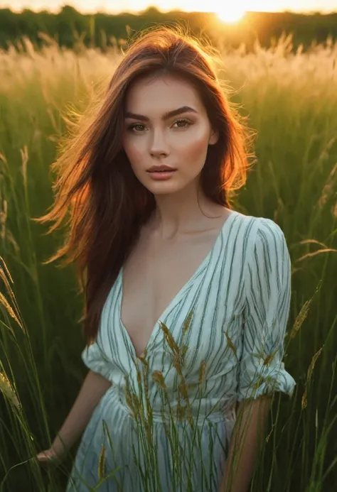 a woman standing in a field of tall grass with the sun setting, gorgeous woman, cinematic beautiful natural skin, attractive wom...