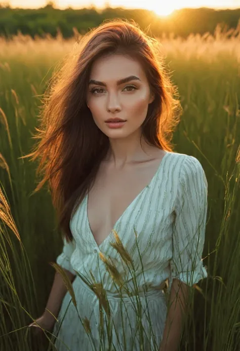 a woman standing in a field of tall grass with the sun setting, gorgeous woman, cinematic beautiful natural skin, attractive woman, attractive girl, photo of a beautiful woman, gorgeous attractive face, extremely beautiful face, in a field, beautiful femal...